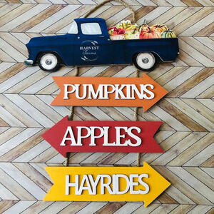 Harvest Farms Farmhouse Truck Hayrides Apples Pumpkins Hanging Sign Autumn Décor
